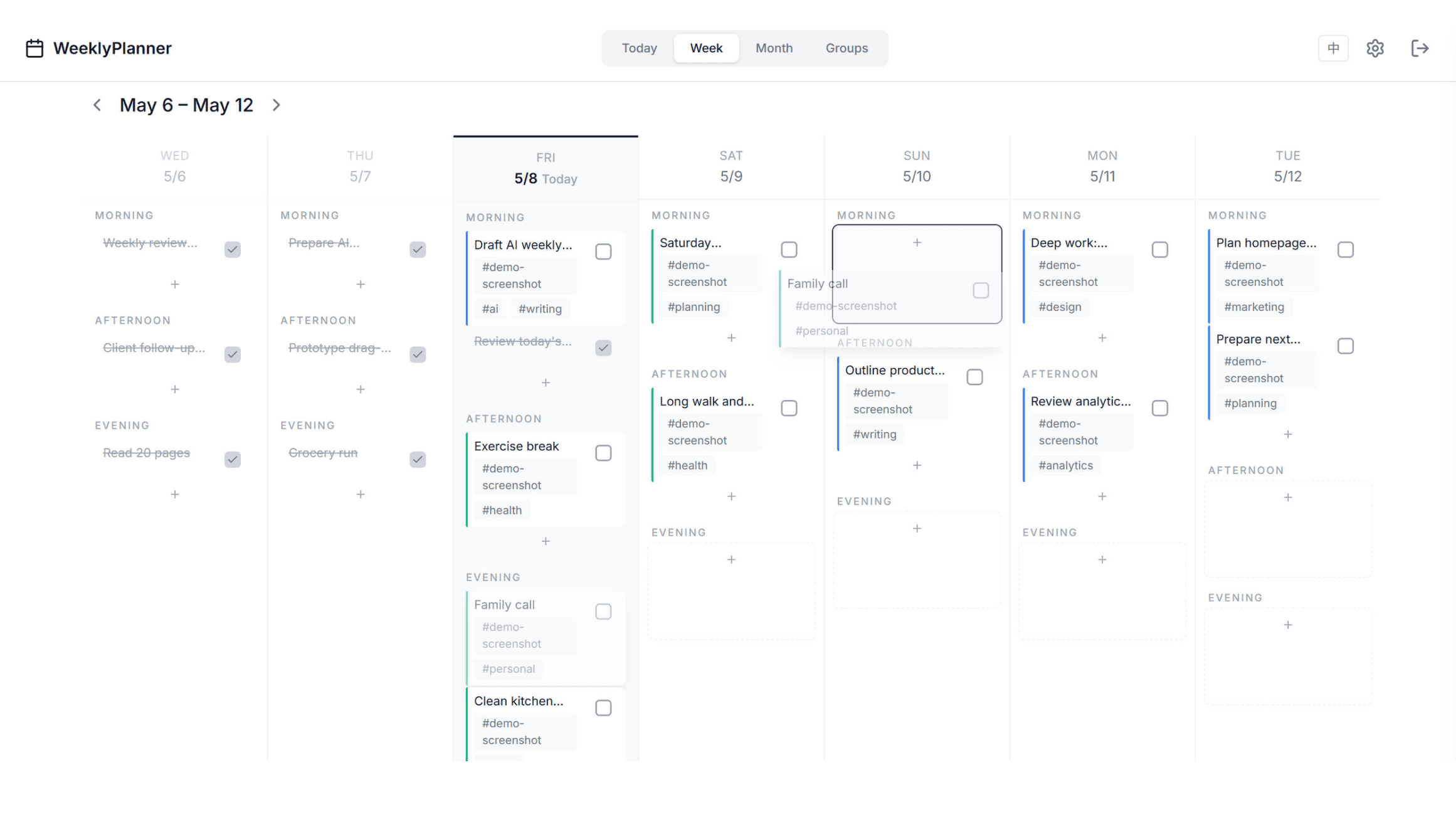 WeeklyPlanner drag-and-drop weekly planning board