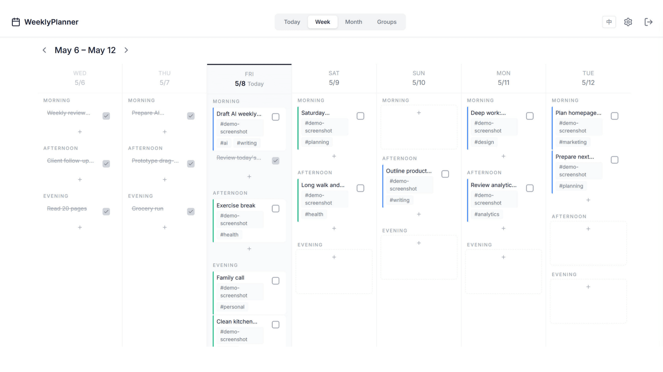 WeeklyPlanner weekly planner app week view screenshot