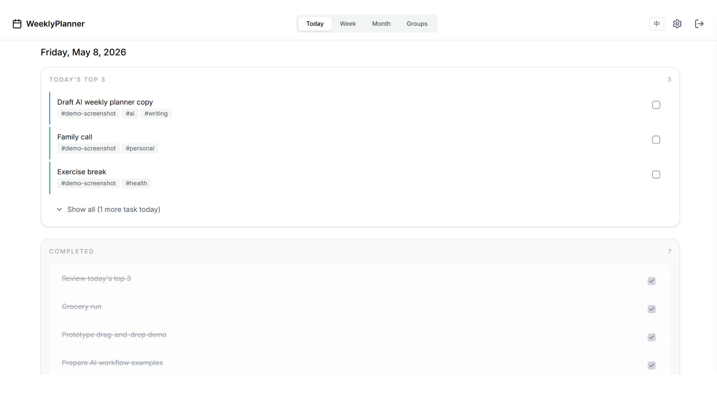 WeeklyPlanner ADHD focus mode Top 3 screenshot